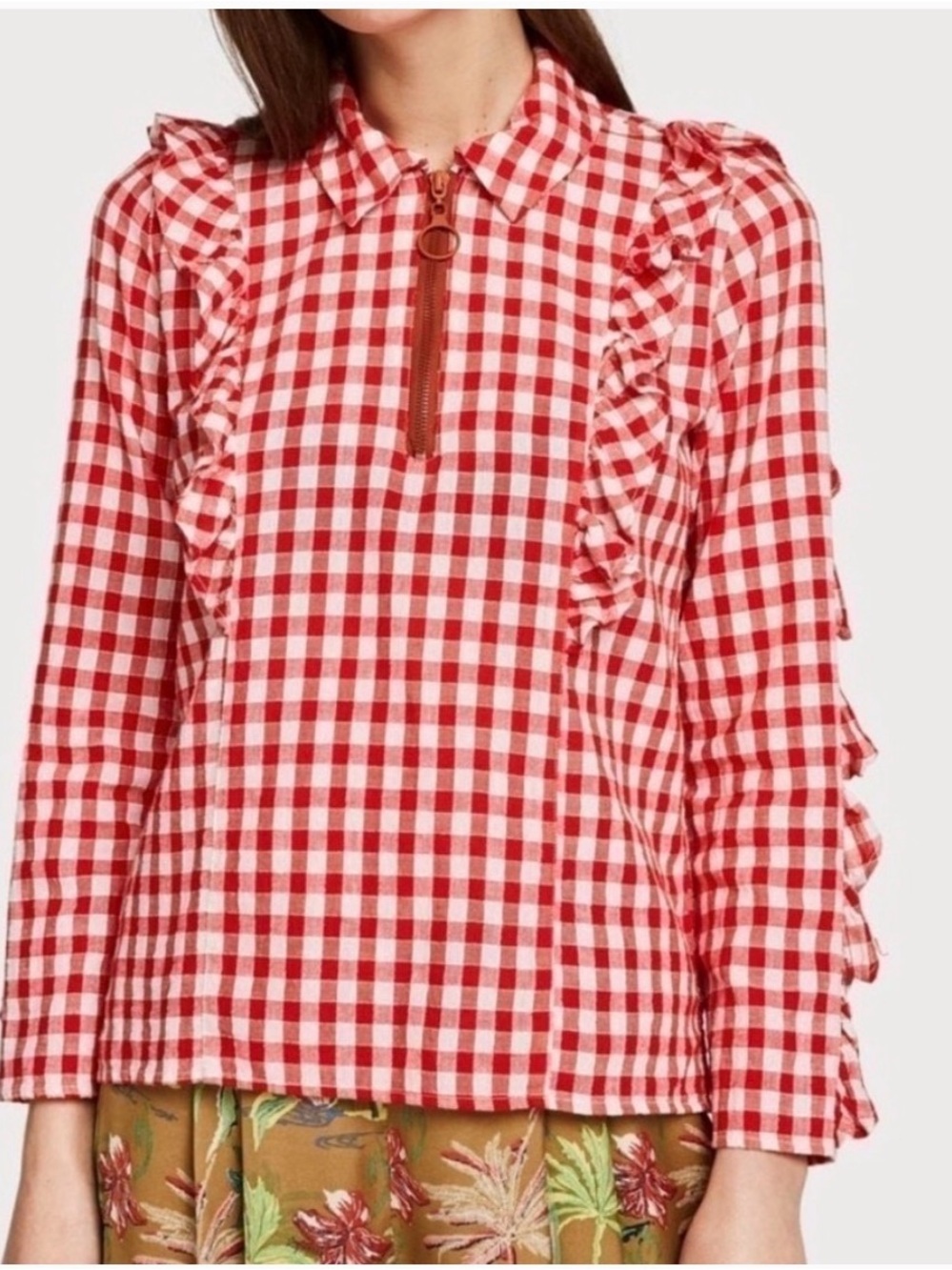 NWOT SCOTCH & SODA Ruffled‎ Gingham Quarter Zip Cotton Top, Small